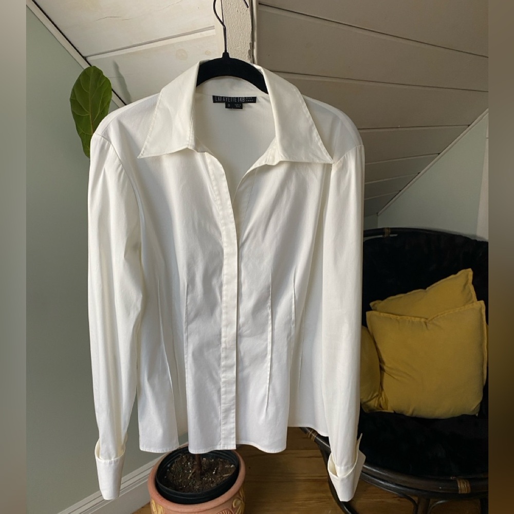 EUC Lafayette 148 New York White Blouse Button Down Pintuck Pleat Blouse Size 8